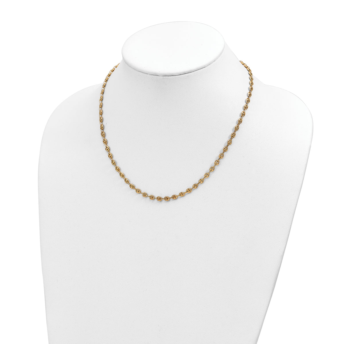 14k Yellow Gold Polished 4.5mm Fancy Link 18 inch Necklace, shown on a neck form