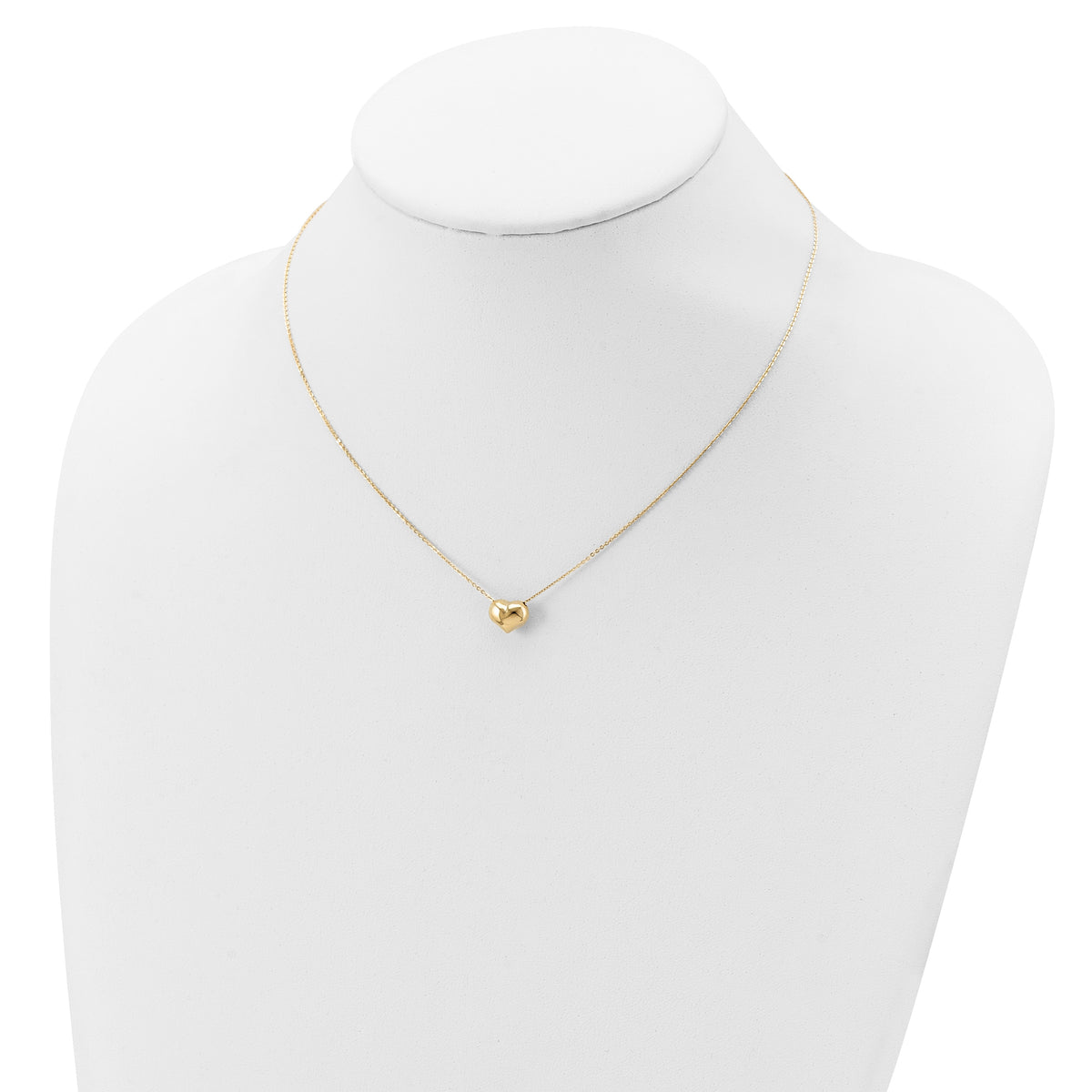 14k Yellow Gold Polished Puffed Heart Pendant 16.5 inch Necklace, shown on a neck form