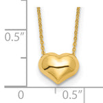 14k Yellow Gold Polished Puffed Heart Pendant 16.5 inch Necklace, shown with a ruler for scale