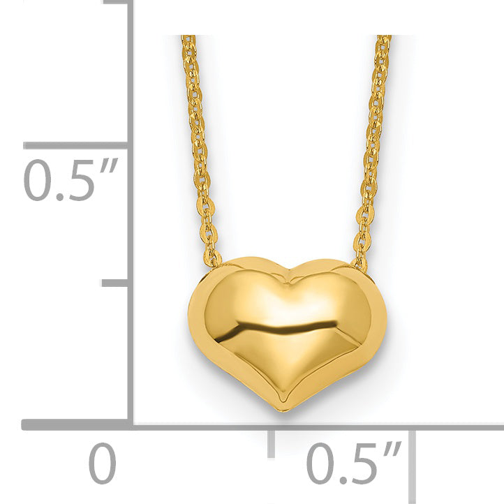 14k Yellow Gold Polished Puffed Heart Pendant 16.5 inch Necklace, shown with a ruler for scale
