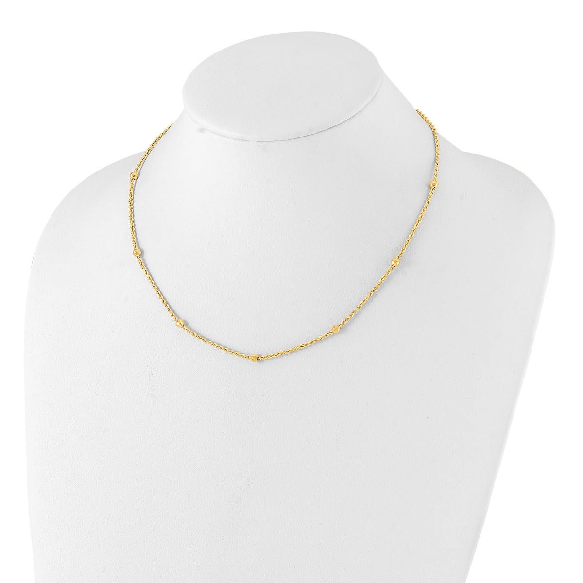 14k Yellow Gold Mirror Beads and Diamond-cut Rope Chain 7-Station 18 inch Necklace, shown on a neck form
