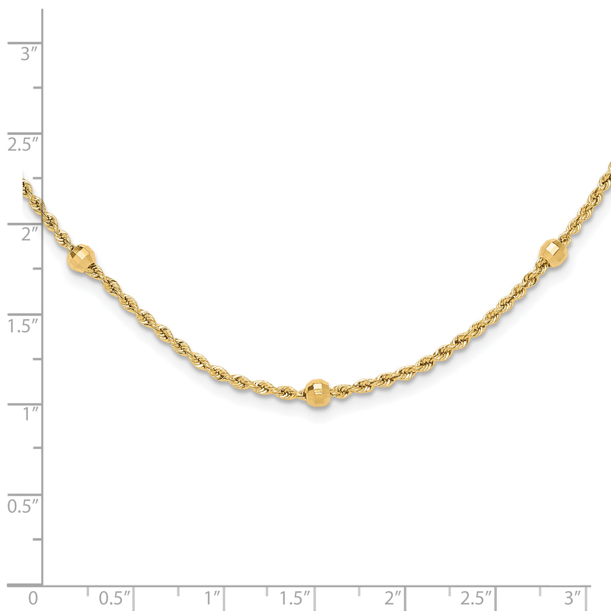 14k Yellow Gold Mirror Beads and Diamond-cut Rope Chain 7-Station 18 inch Necklace, shown with a ruler for scale