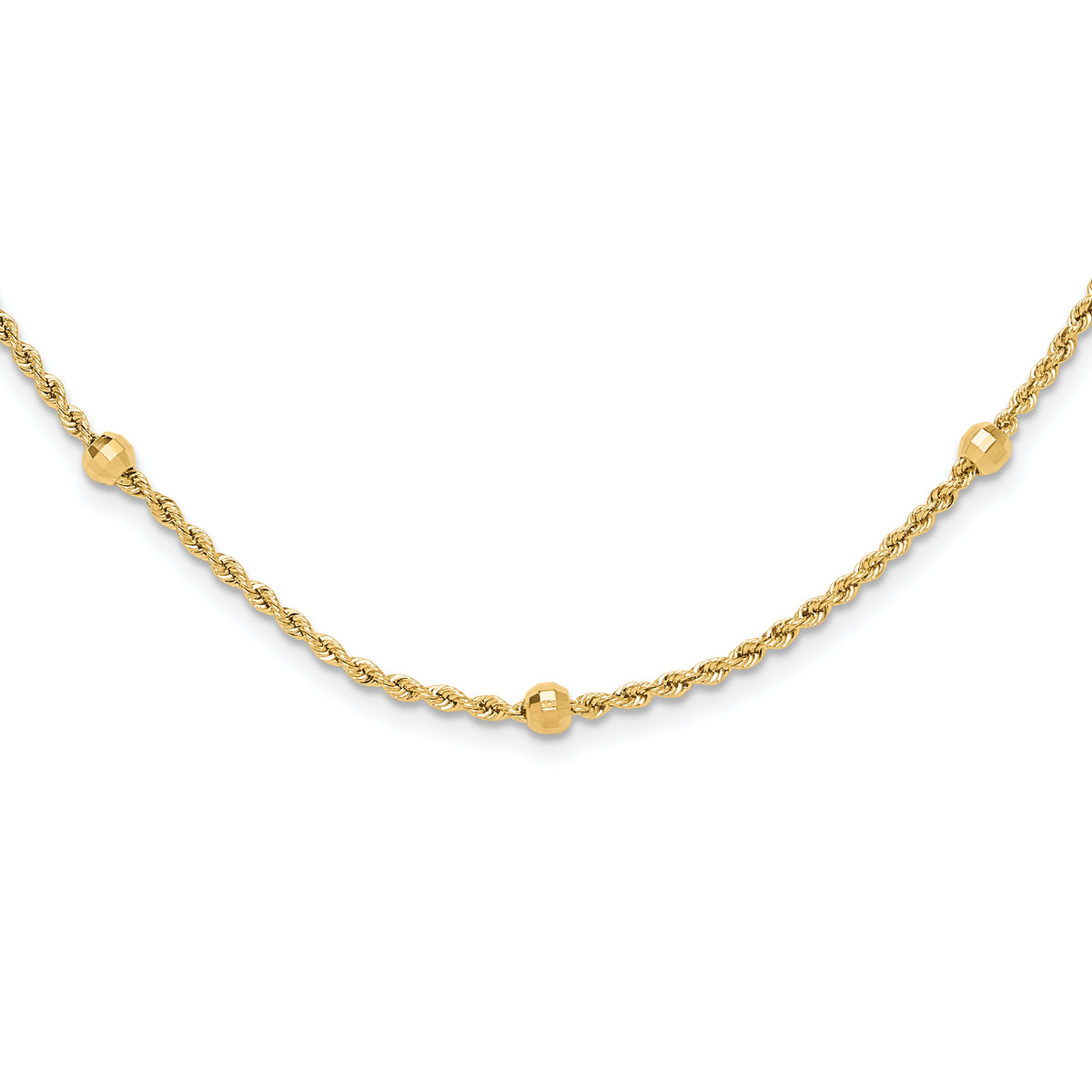 14k Yellow Gold Mirror Beads and Diamond-cut Rope Chain 7-Station 18 inch Necklace