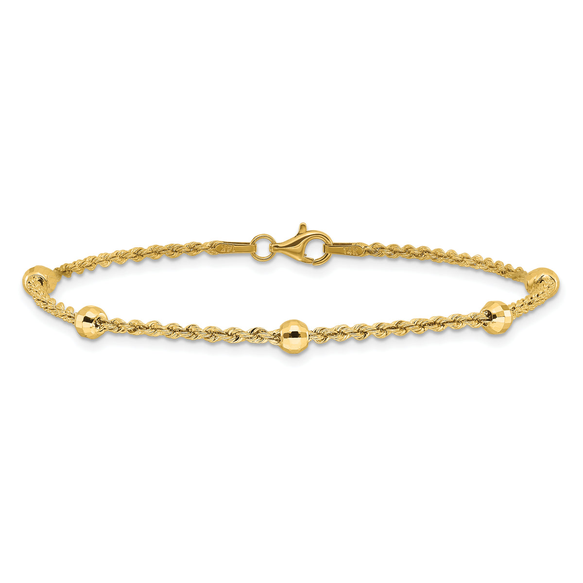 14k Yellow Gold Mirror Beads and Diamond-cut Rope Chain 5-Station 7.5 inch Bracelet, view 3