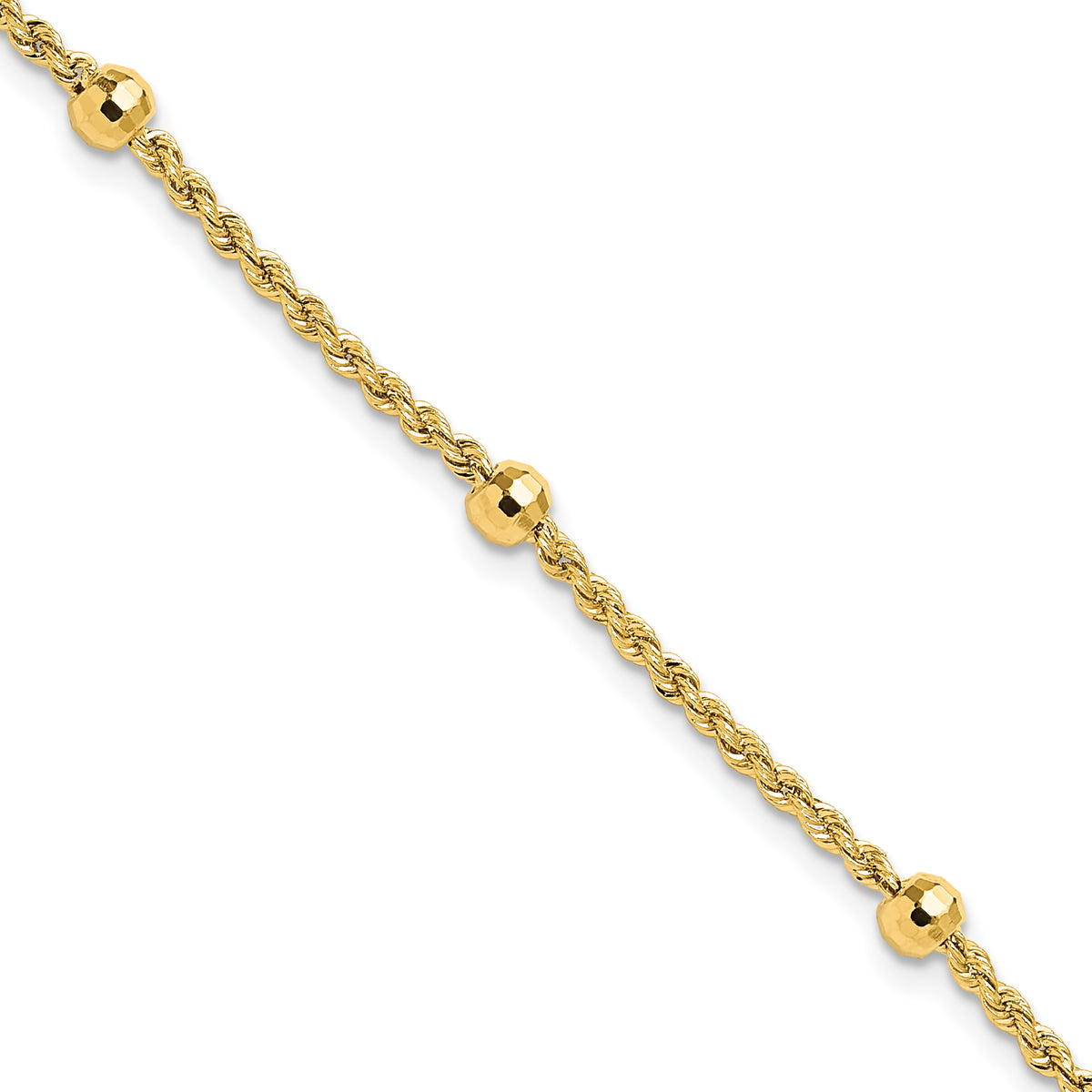 14k Yellow Gold Mirror Beads and Diamond-cut Rope Chain 5-Station 7.5 inch Bracelet