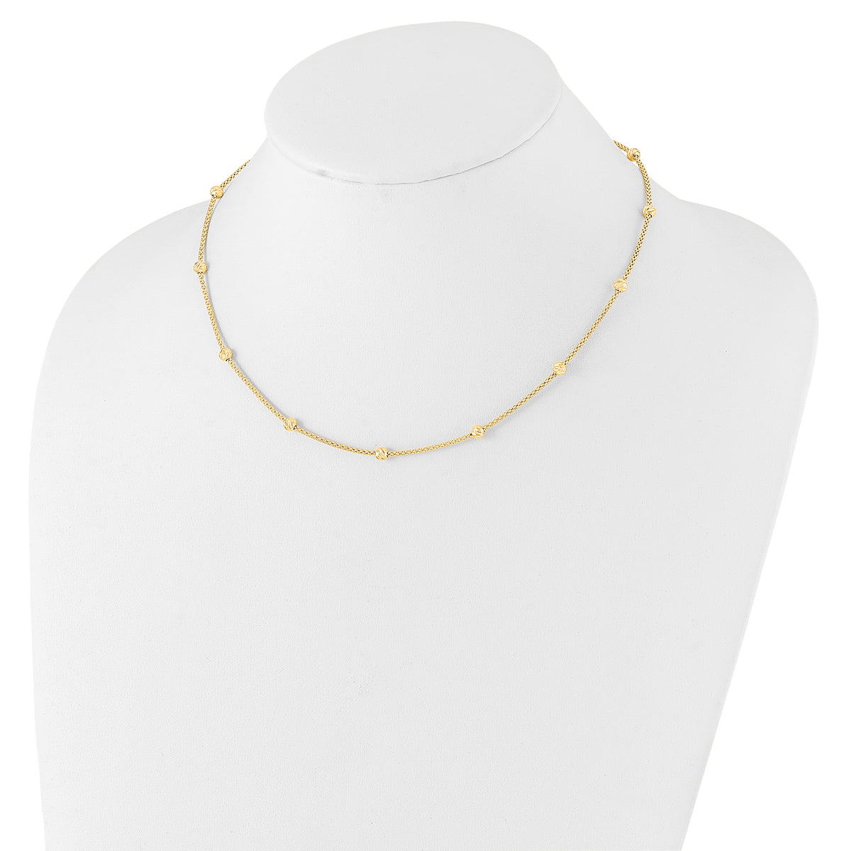 14k Yellow Gold Polished Diamond-cut Beads and Mesh Chain 17 inch Necklace, shown on a neck form