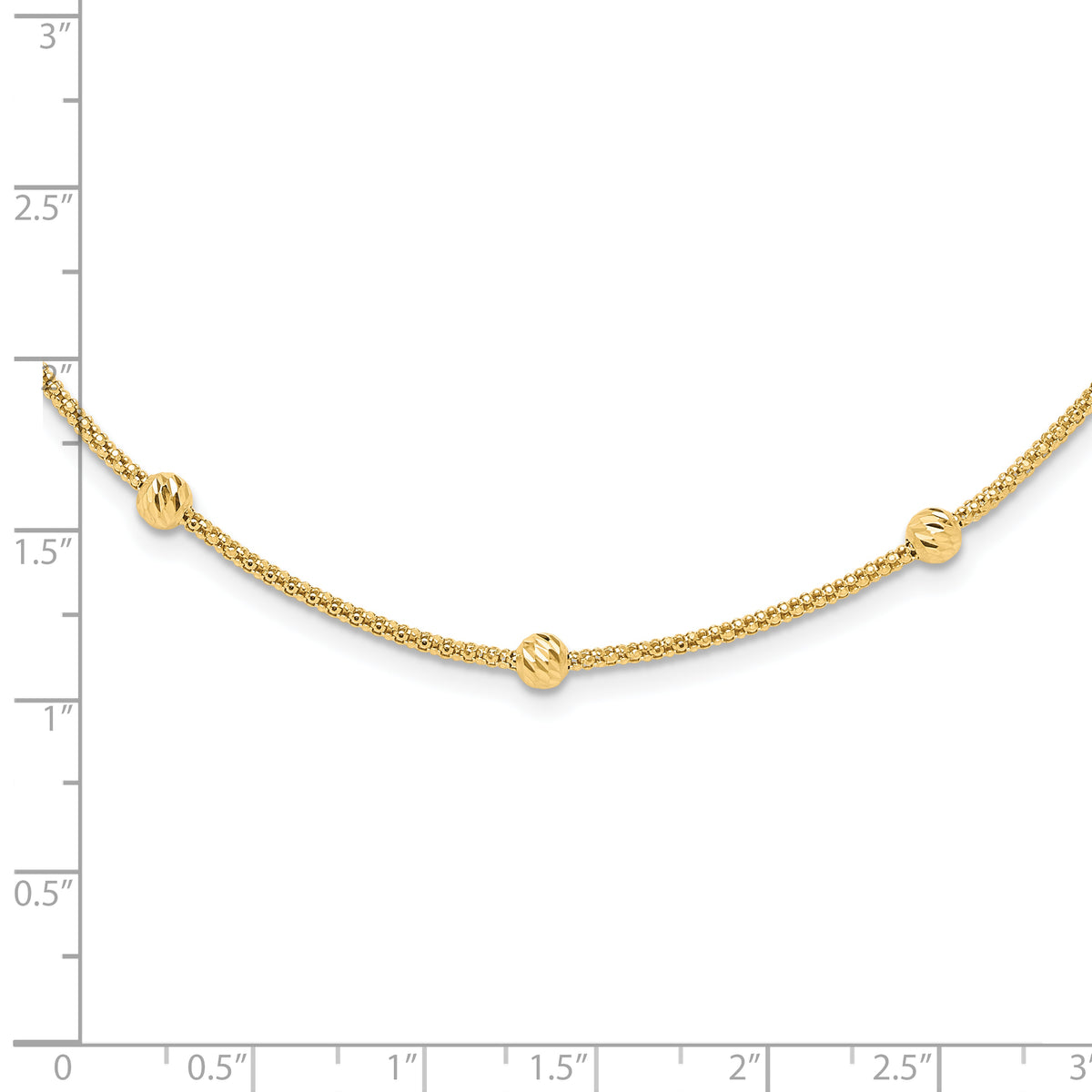 14k Yellow Gold Polished Diamond-cut Beads and Mesh Chain 17 inch Necklace, shown with a ruler for scale
