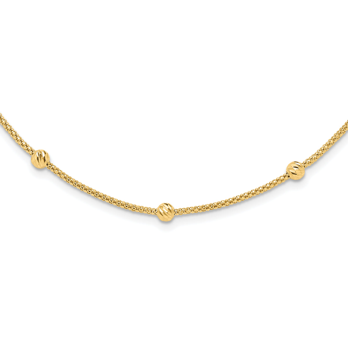 14k Yellow Gold Polished Diamond-cut Beads and Mesh Chain 17 inch Necklace