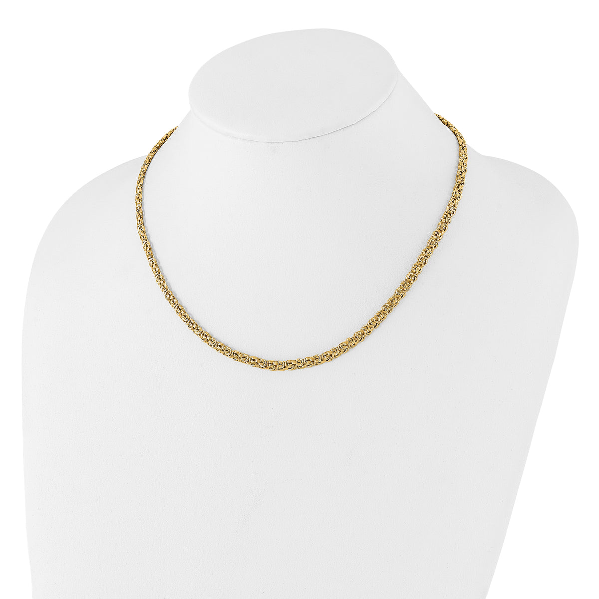 14k Yellow Gold Polished 4.25mm Fancy Byzantine Link 18 inch Necklace, shown on a neck form