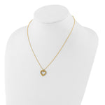 14k Yellow Gold Polished Textured Heart Pendant 18 inch Necklace, shown on a neck form