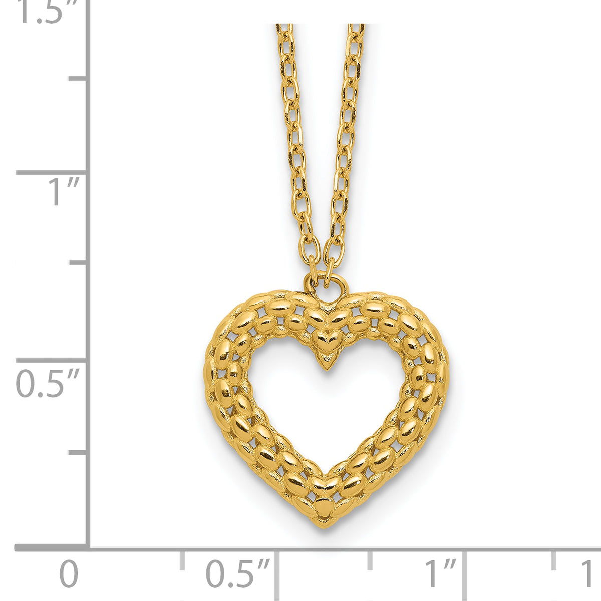 14k Yellow Gold Polished Textured Heart Pendant 18 inch Necklace, shown with a ruler for scale