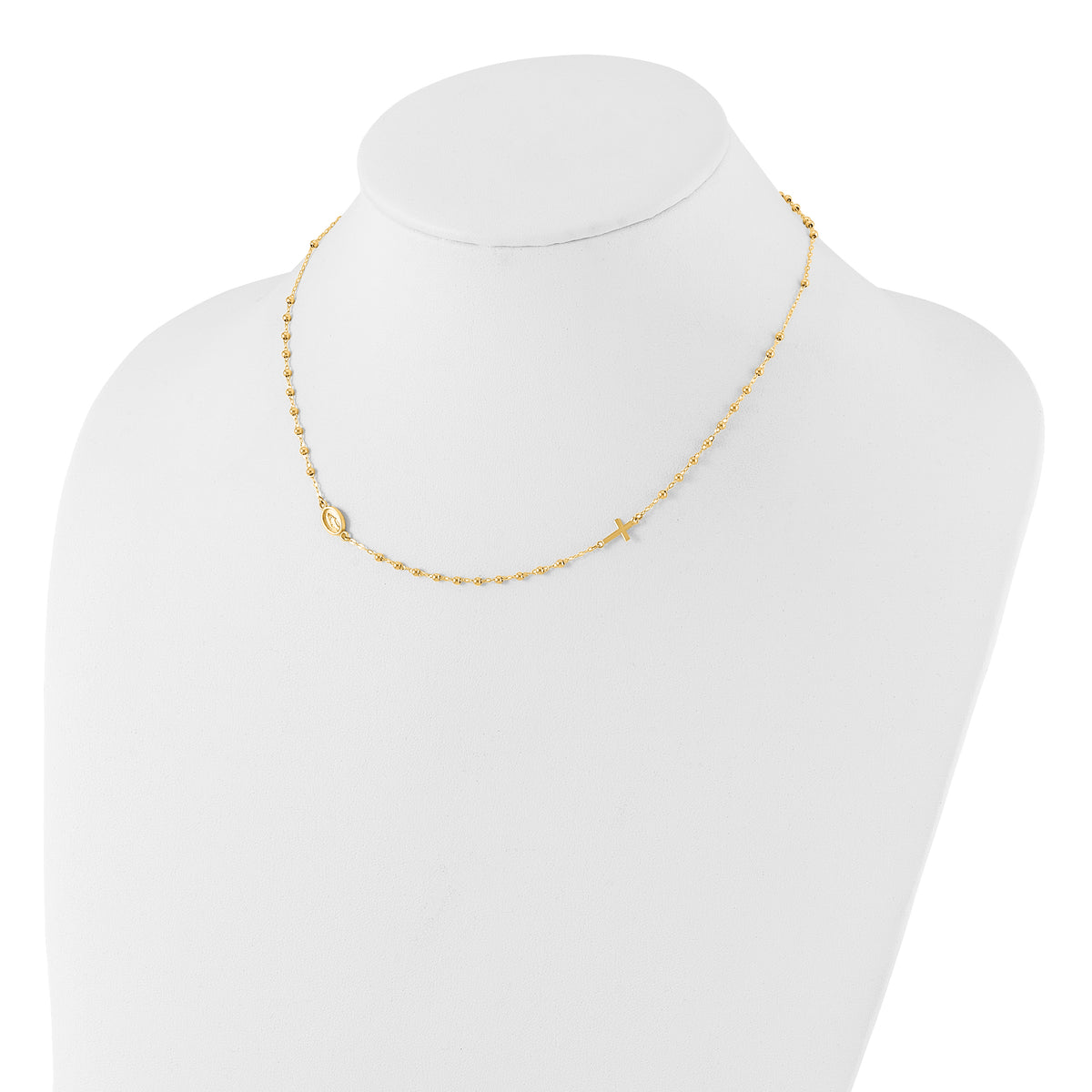 14k Yellow Gold Miraculous Medal and Cross Beaded Rosary Design 16.5 inch Necklace, shown on a neck form