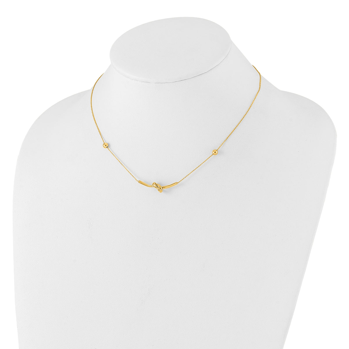 14k Yellow Gold Polished Knotted Bar Pendant and Beads 16-18 inch Necklace, shown on a neck form
