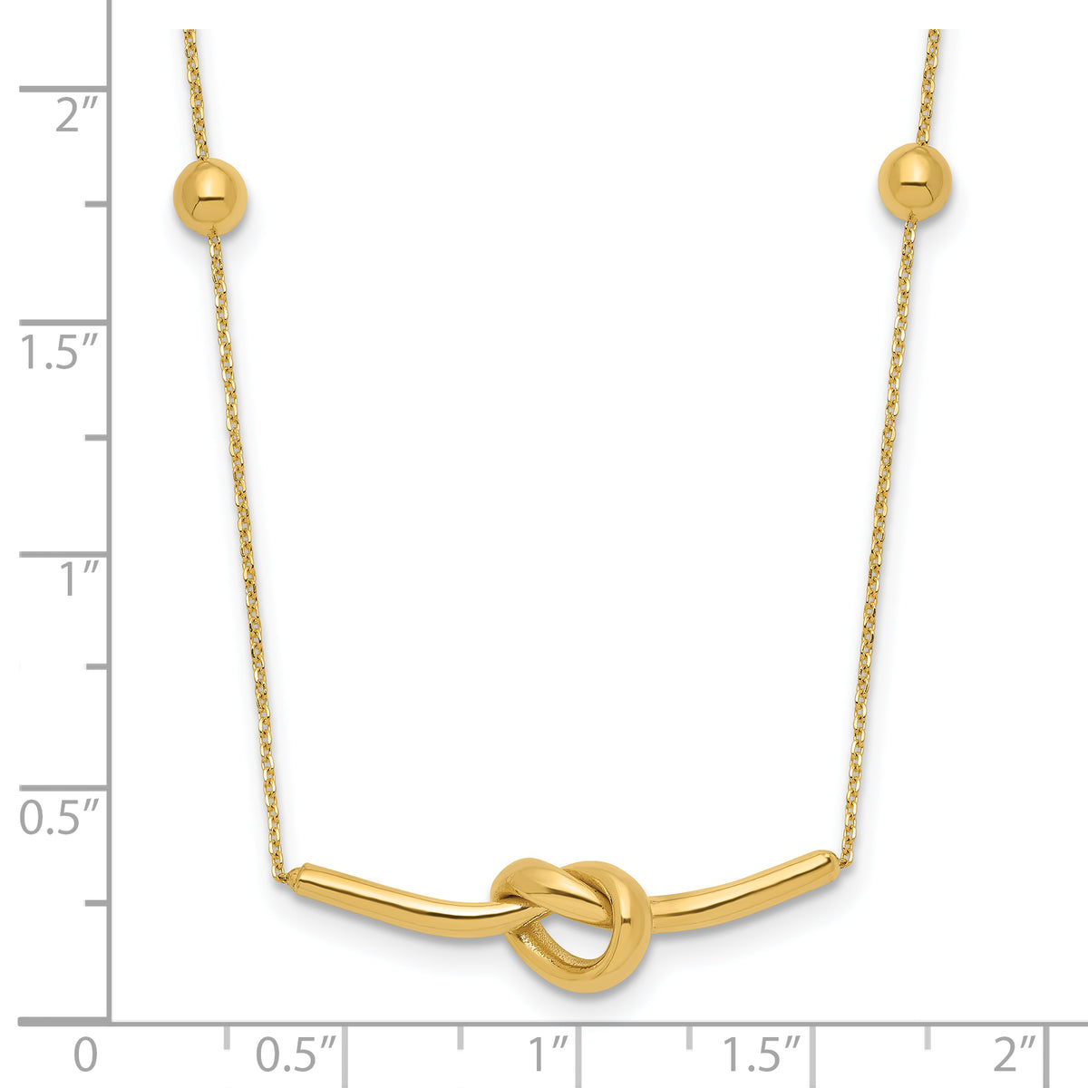 14k Yellow Gold Polished Knotted Bar Pendant and Beads 16-18 inch Necklace, shown with a ruler for scale