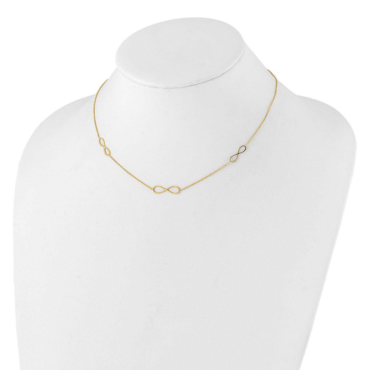 14k Yellow Gold Polished Infinity Symbol 16 inch 3-Station Necklace Plus 2 inch Extender, shown on a neck form