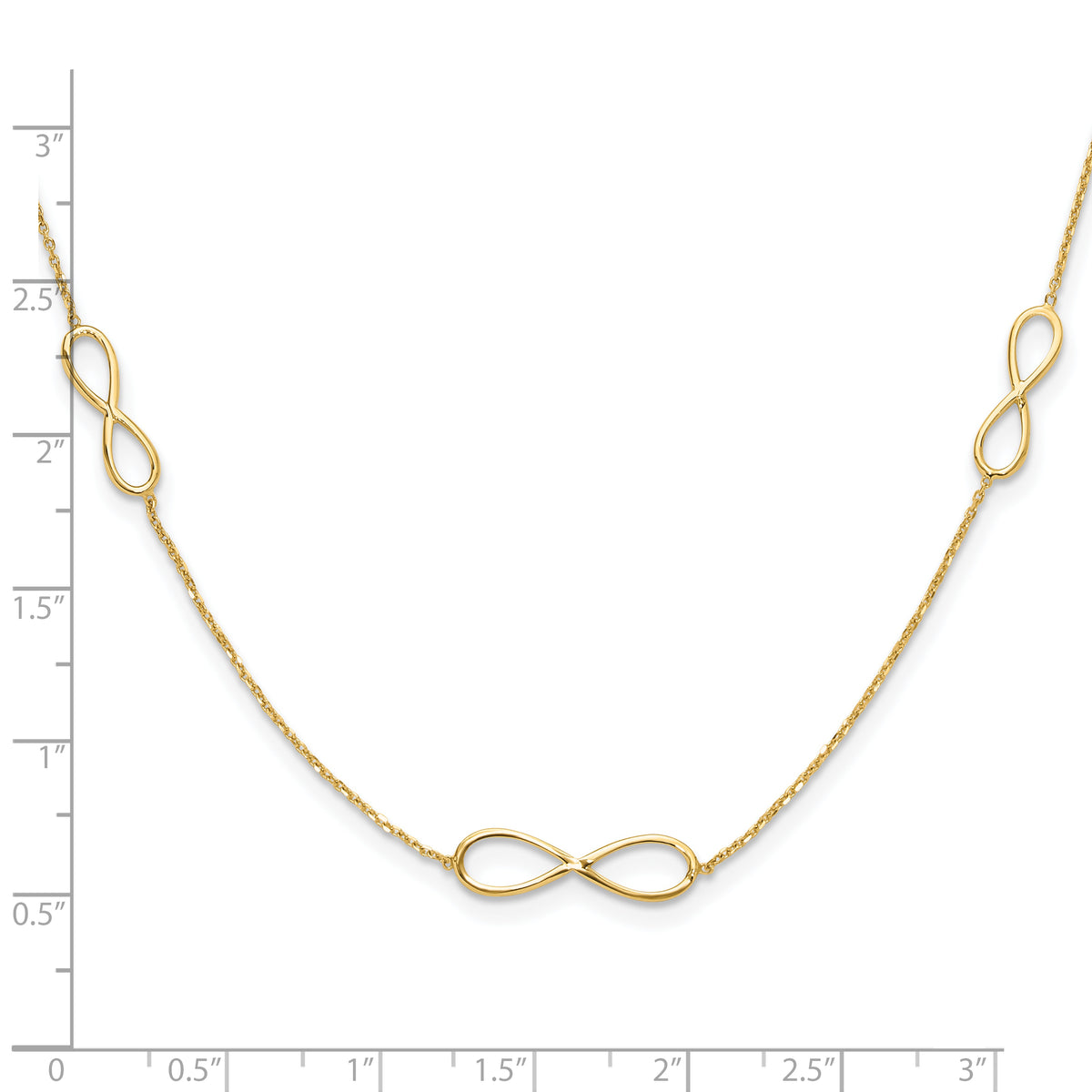 14k Yellow Gold Polished Infinity Symbol 16 inch 3-Station Necklace Plus 2 inch Extender, shown with a ruler for scale