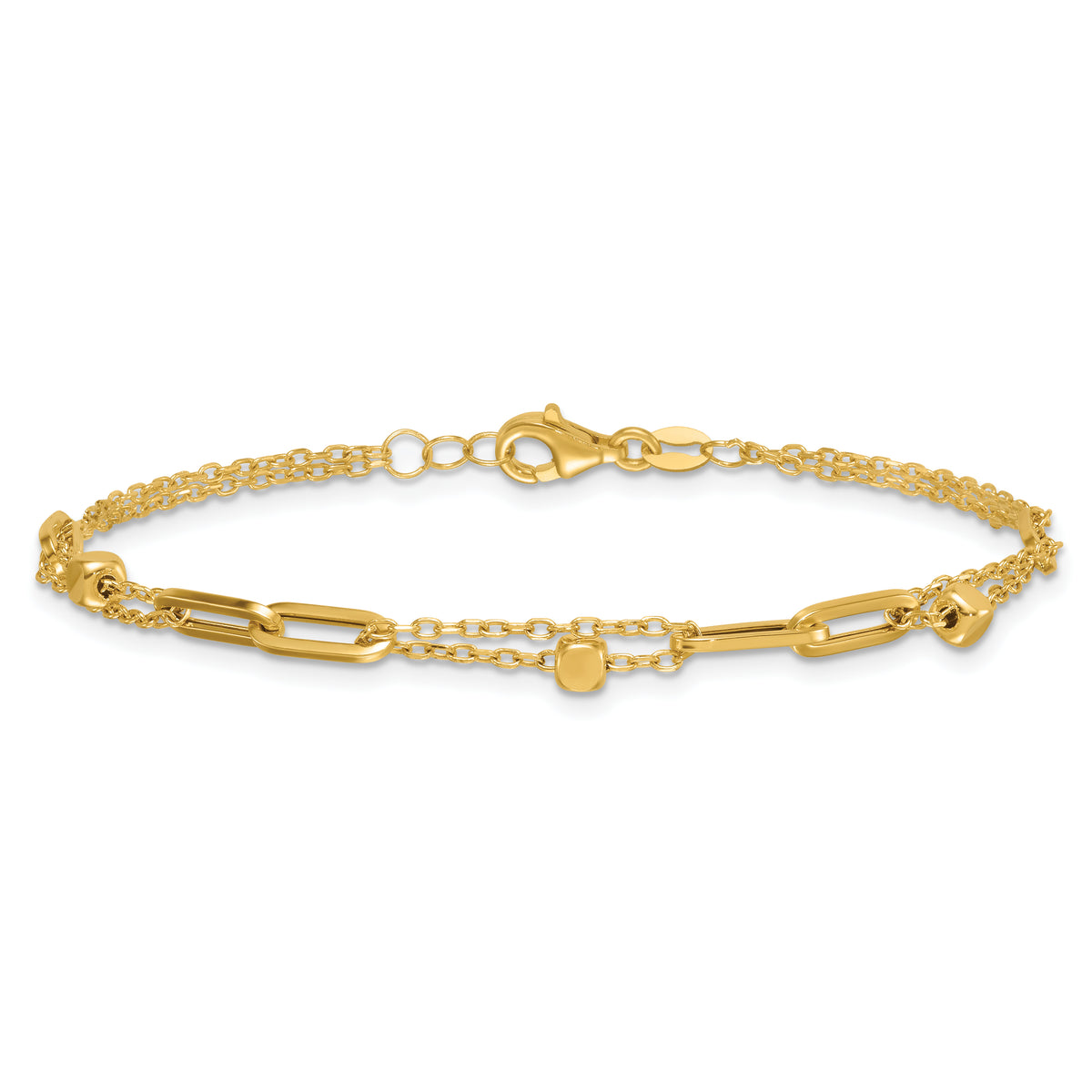 14k Yellow Gold Polished Beaded 2-Strand Fancy Paperclip Link 7.5 inch Bracelet, view 3