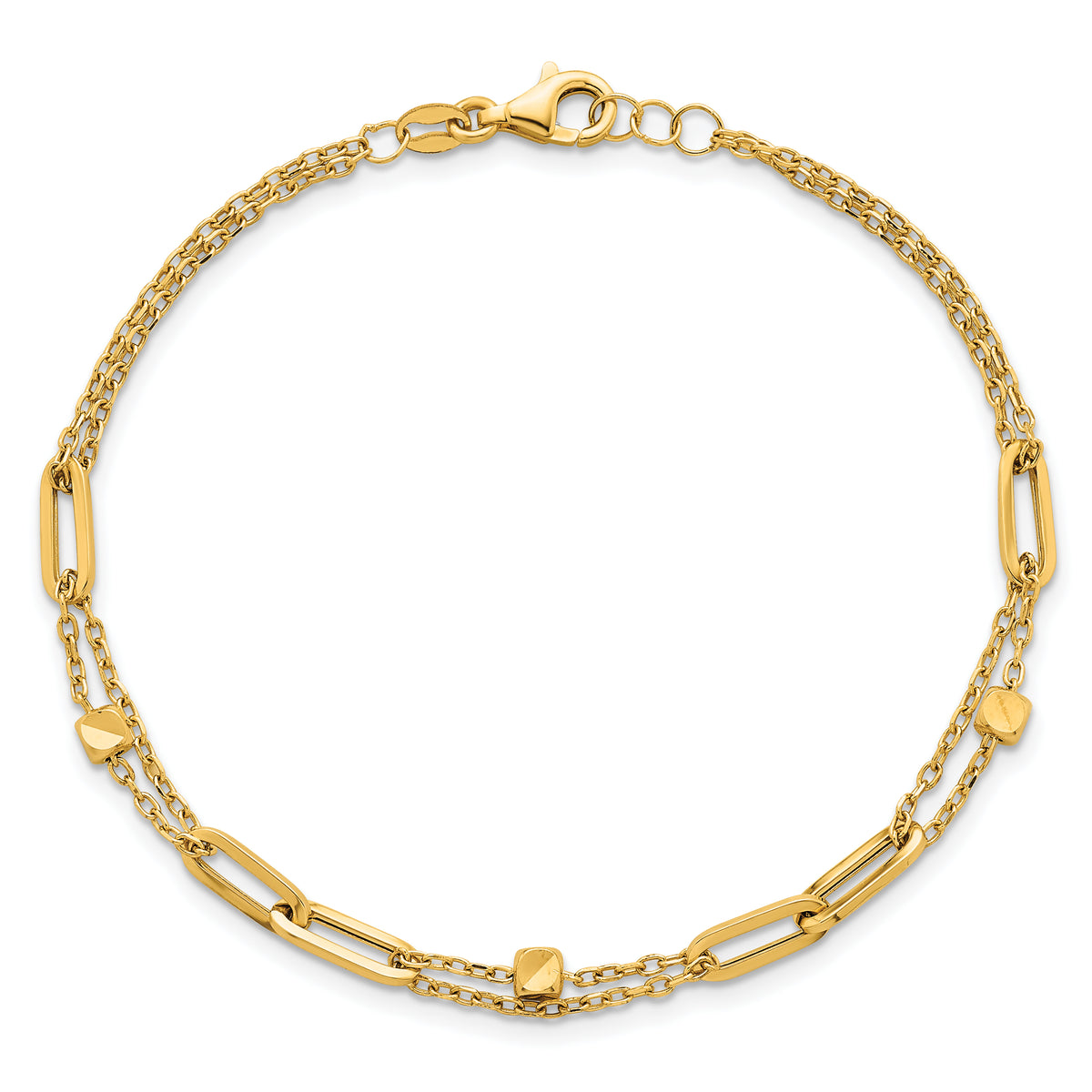 14k Yellow Gold Polished Beaded 2-Strand Fancy Paperclip Link 7.5 inch Bracelet, view 4