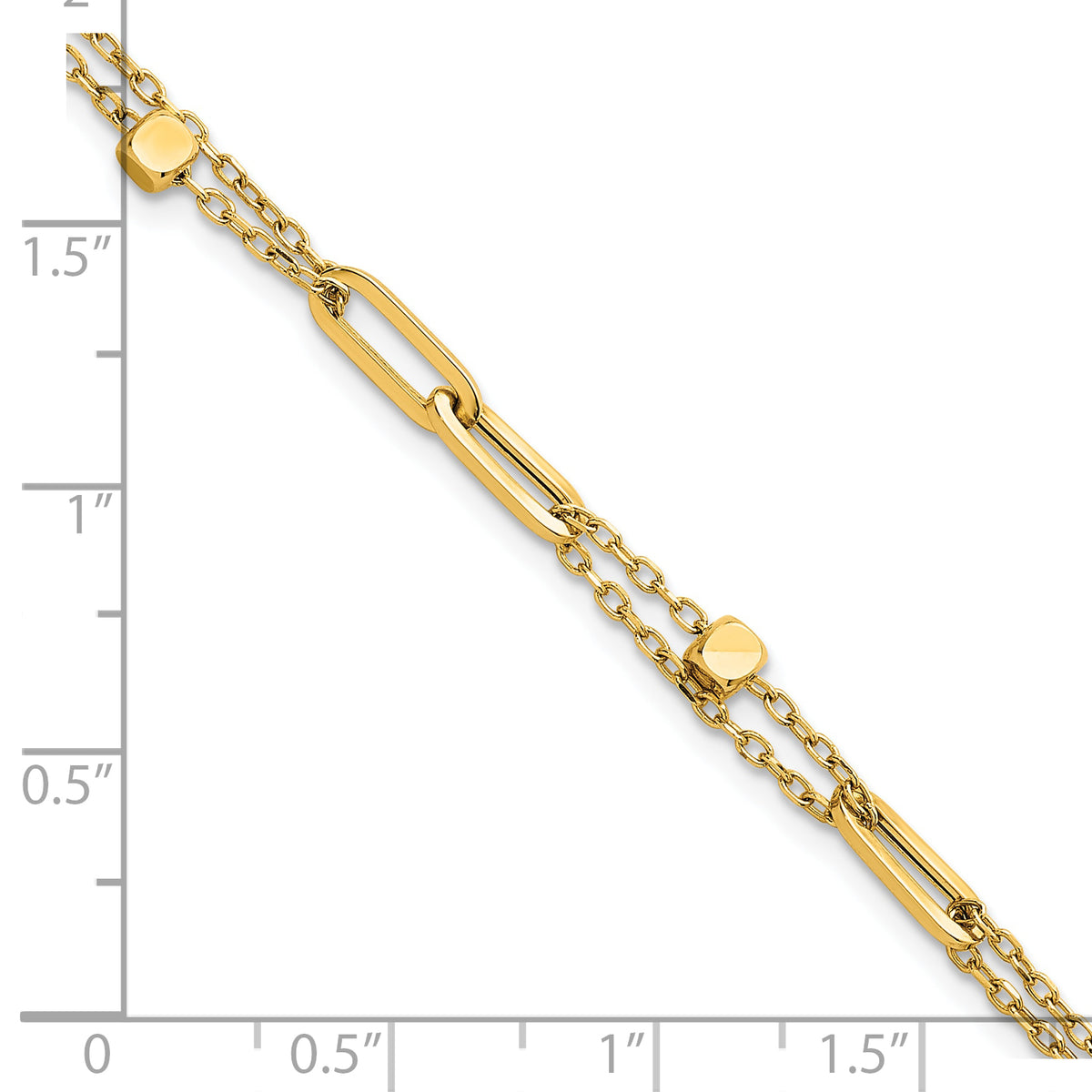 14k Yellow Gold Polished Beaded 2-Strand Fancy Paperclip Link 7.5 inch Bracelet, shown with a ruler for scale