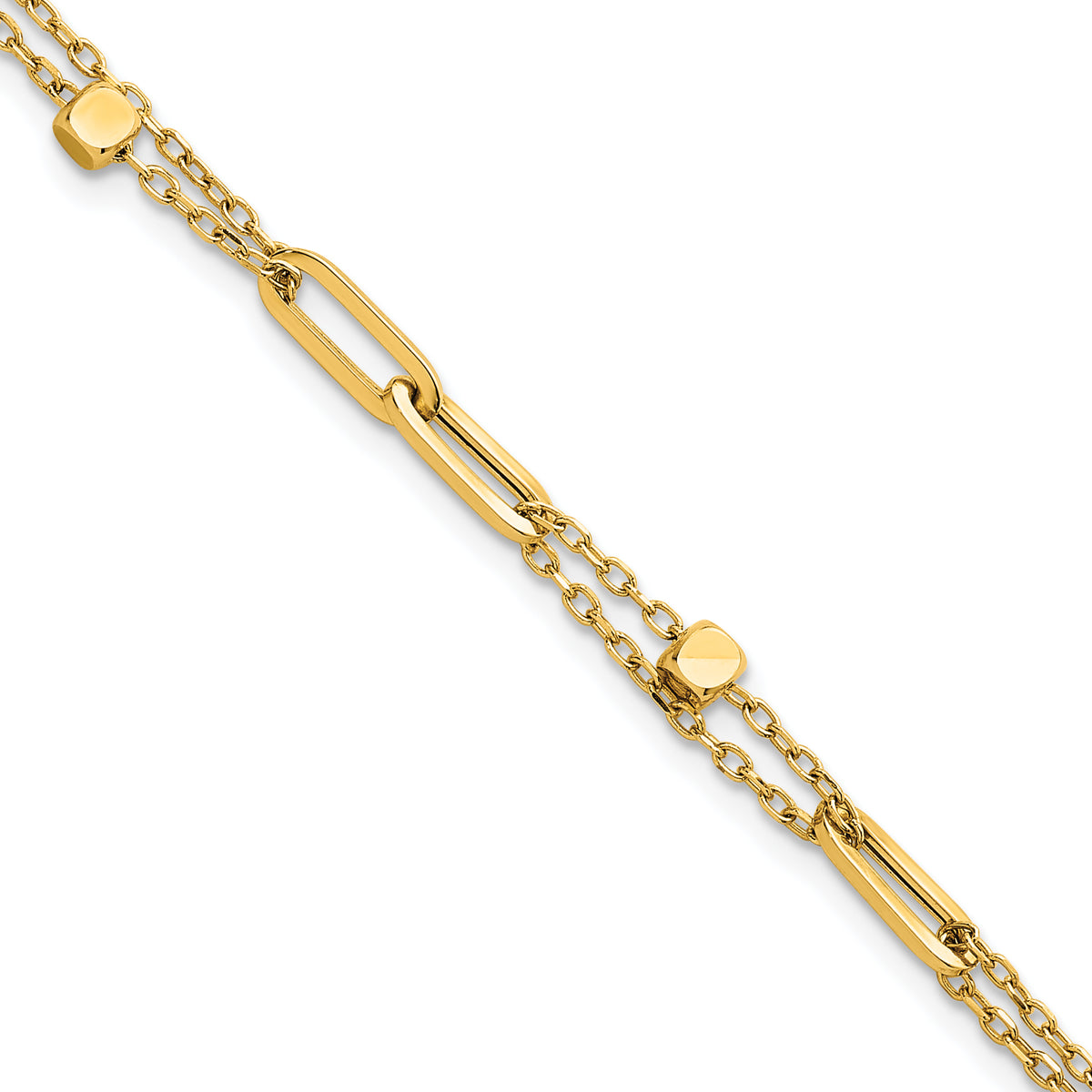 14k Yellow Gold Polished Beaded 2-Strand Fancy Paperclip Link 7.5 inch Bracelet