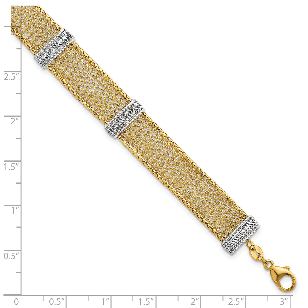 14k Two-Tone Gold Textured 10.6mm Mesh Bracelet, 6.75-7.75 inch, shown with a ruler for scale