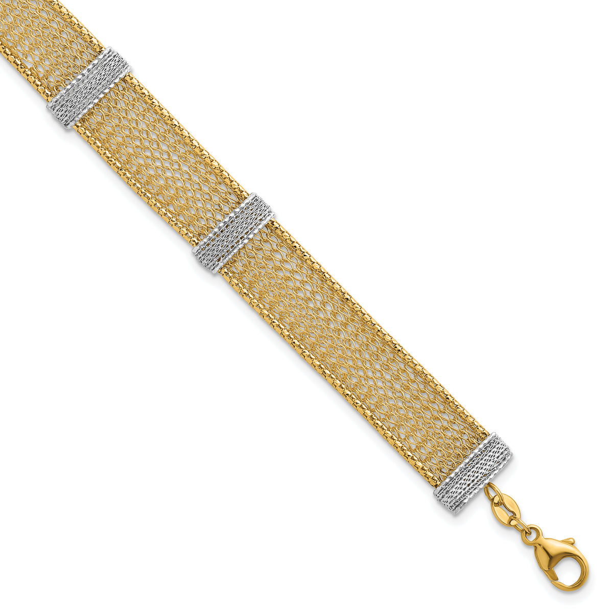 14k Two-Tone Gold Textured 10.6mm Mesh Bracelet, 6.75-7.75 inch
