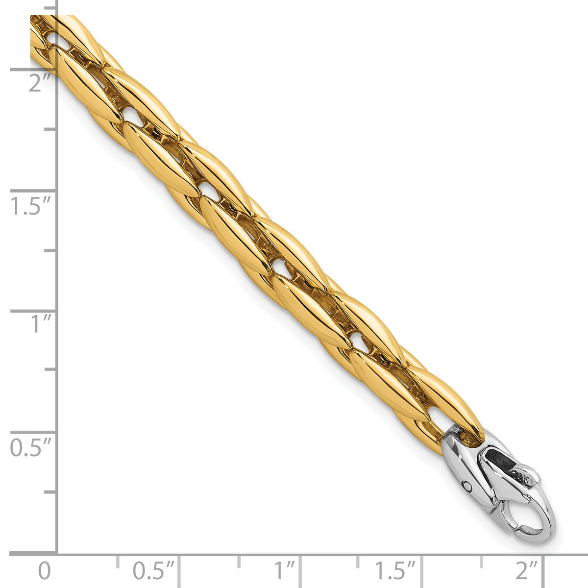 14k Two-Tone Gold Polished 6.75mm Fancy Cable Link 7.25 inch Bracelet, shown with a ruler for scale