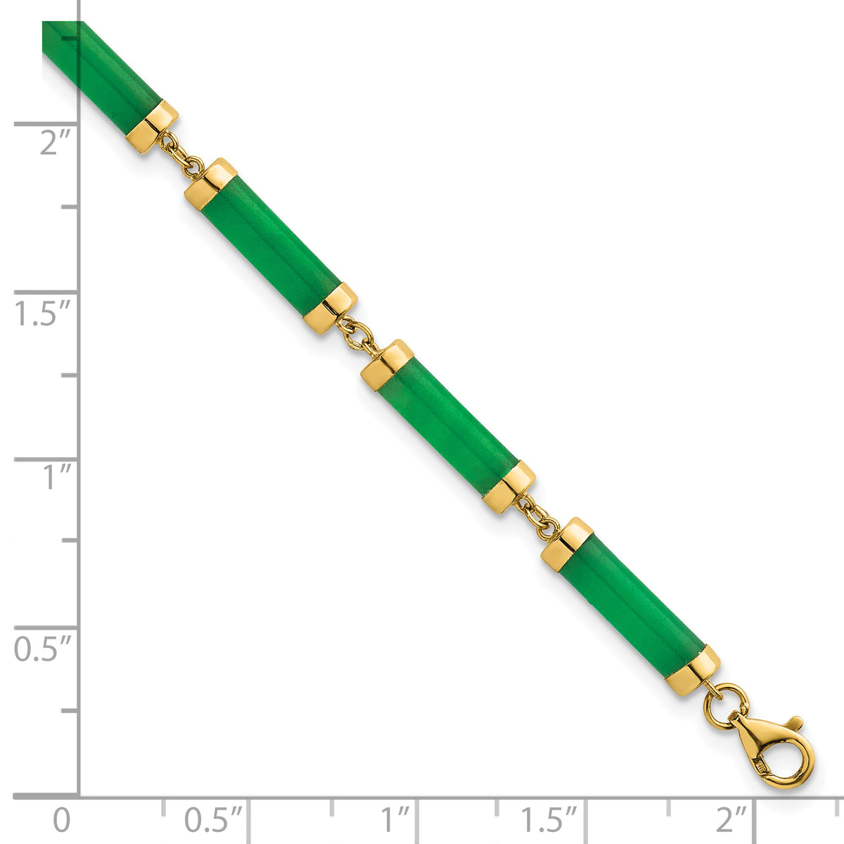 14k Yellow Gold Green Jade Bar 7 inch Bracelet, shown with a ruler for scale