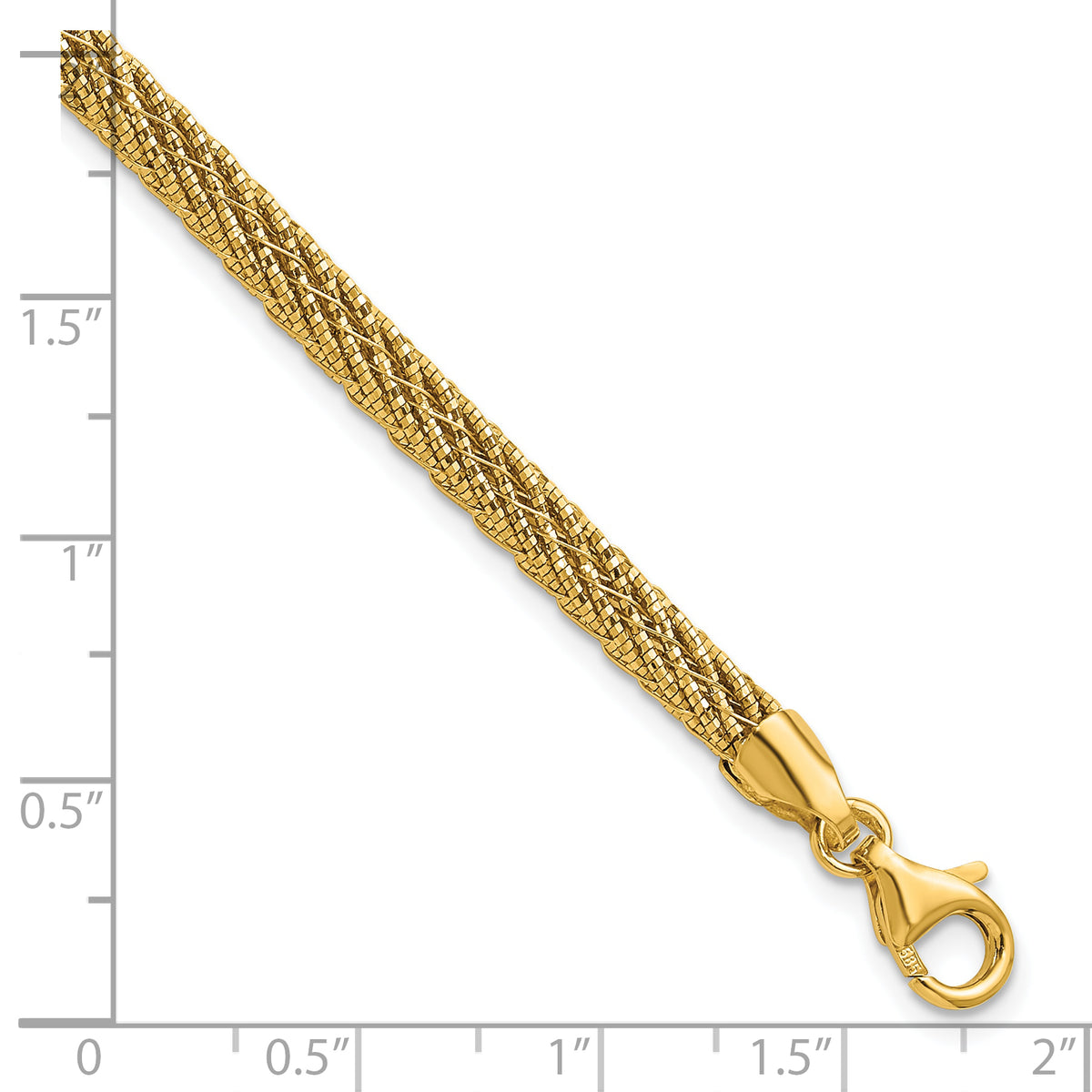 14k Yellow Gold Polished and Diamond-cut Round Woven Wire 7.5 inch Bracelet, shown with a ruler for scale