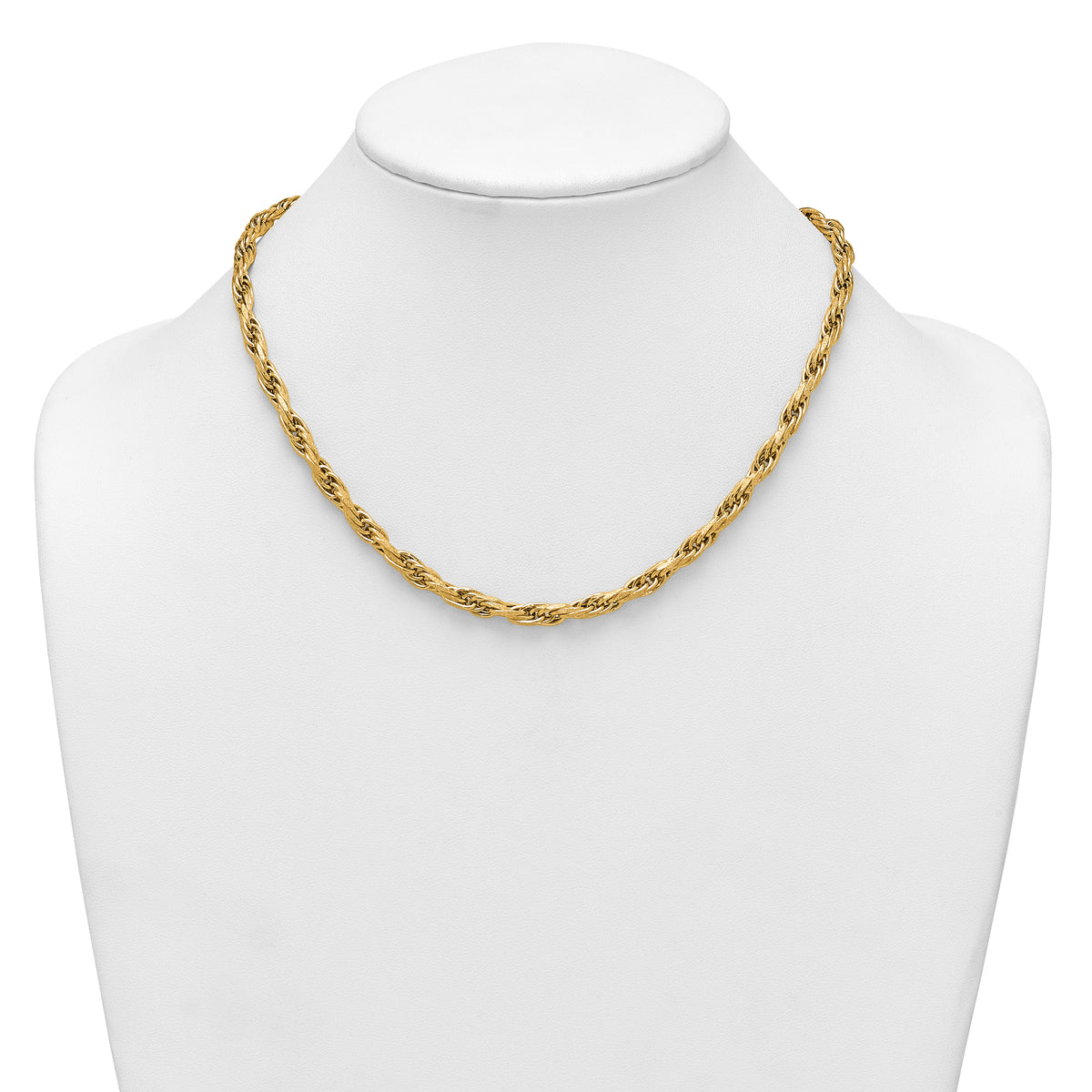 14k Yellow Gold Polished and Textured 4.5mm Flat Rope Chain 18.25 inch Necklace, shown on a neck form
