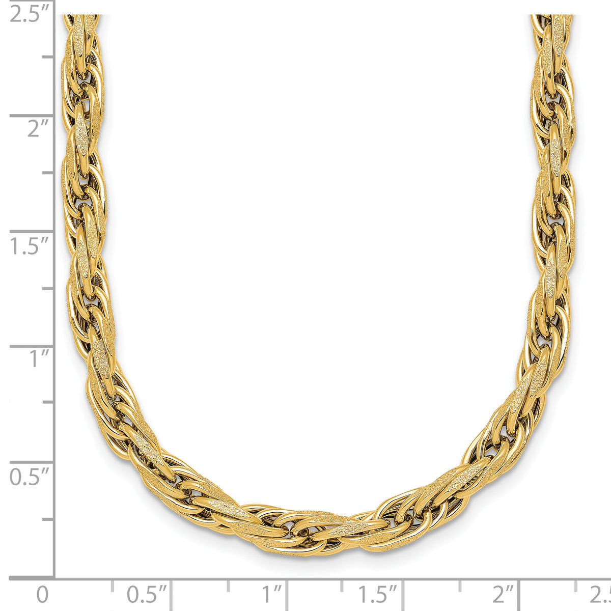 14k Yellow Gold Polished and Textured 4.5mm Flat Rope Chain 18.25 inch Necklace, shown with a ruler for scale