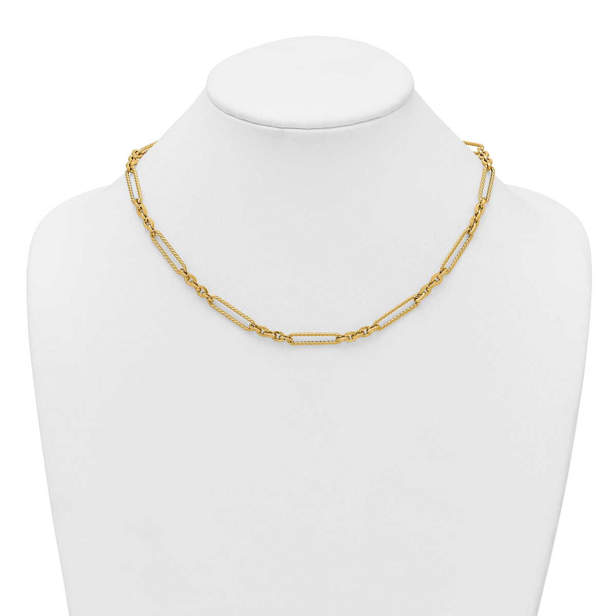 14k Yellow Gold Polished and Textured Fancy Link with Toggle 18 inch Necklace, shown on a neck form
