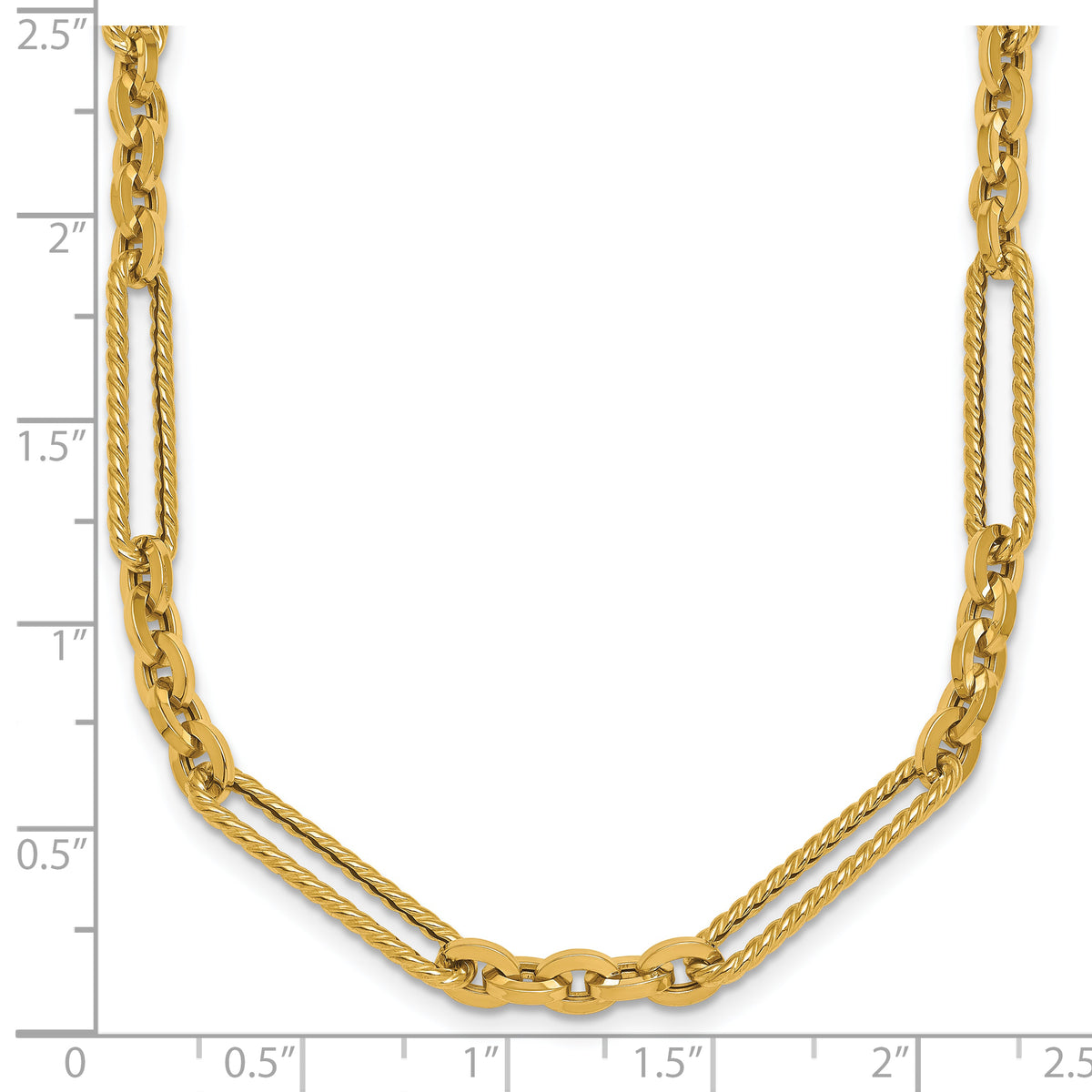 14k Yellow Gold Polished and Textured Fancy Link with Toggle 18 inch Necklace, shown with a ruler for scale