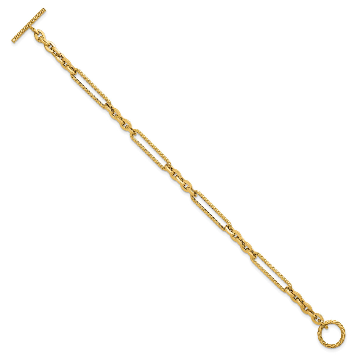 14k Yellow Gold Polished and Textured Fancy Link with Toggle 7.5 inch Bracelet, view 2