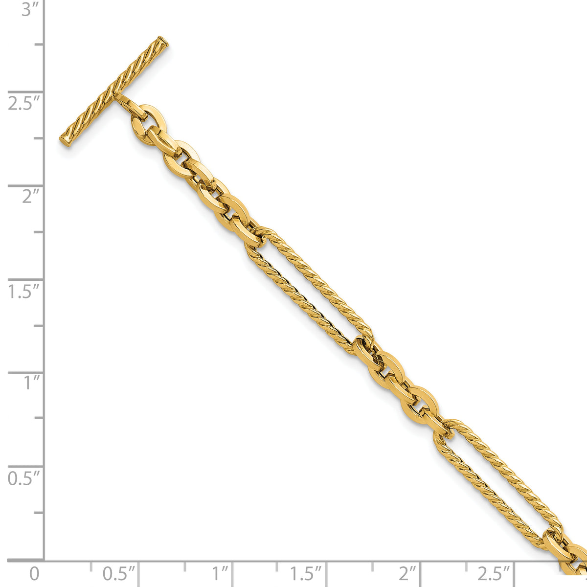 14k Yellow Gold Polished and Textured Fancy Link with Toggle 7.5 inch Bracelet, shown with a ruler for scale