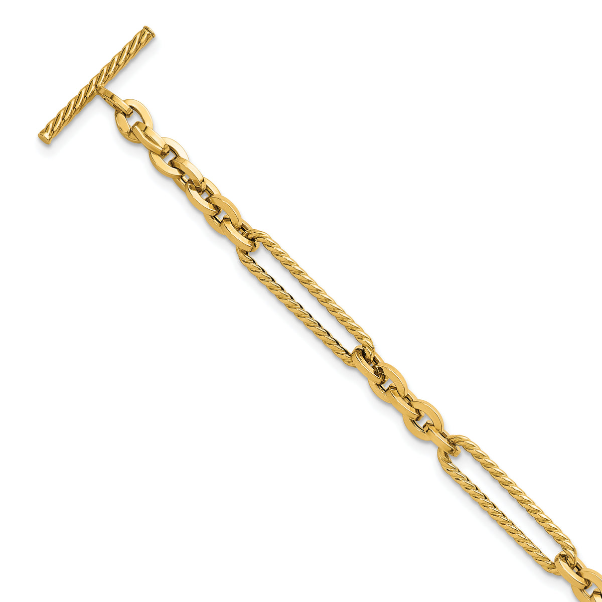 14k Yellow Gold Polished and Textured Fancy Link with Toggle 7.5 inch Bracelet