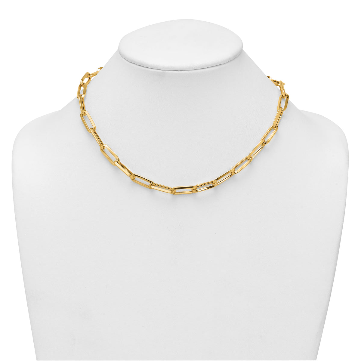 14k Yellow Gold Polished 7mm Paperclip Link Chain 17.5 inch Necklace, shown on a neck form