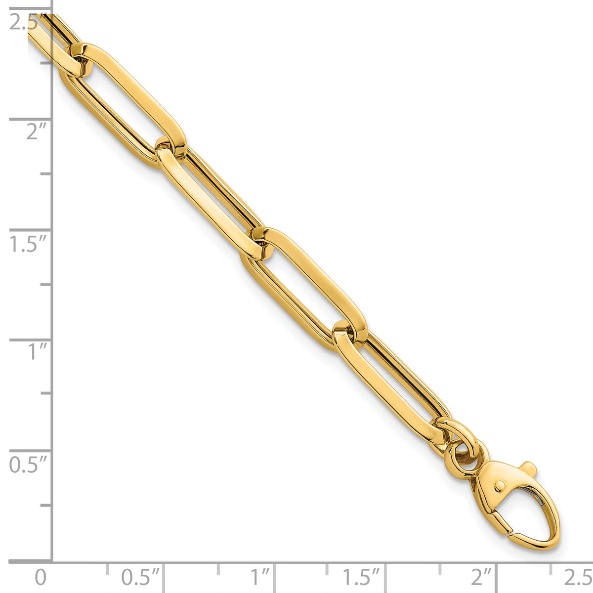 14k Yellow Gold Polished 7mm Paperclip Link Chain 7.5 inch Bracelet, shown with a ruler for scale