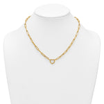 14k Yellow Gold Polished Heart 17.5 inch Paperclip Chain Necklace, shown on a neck form