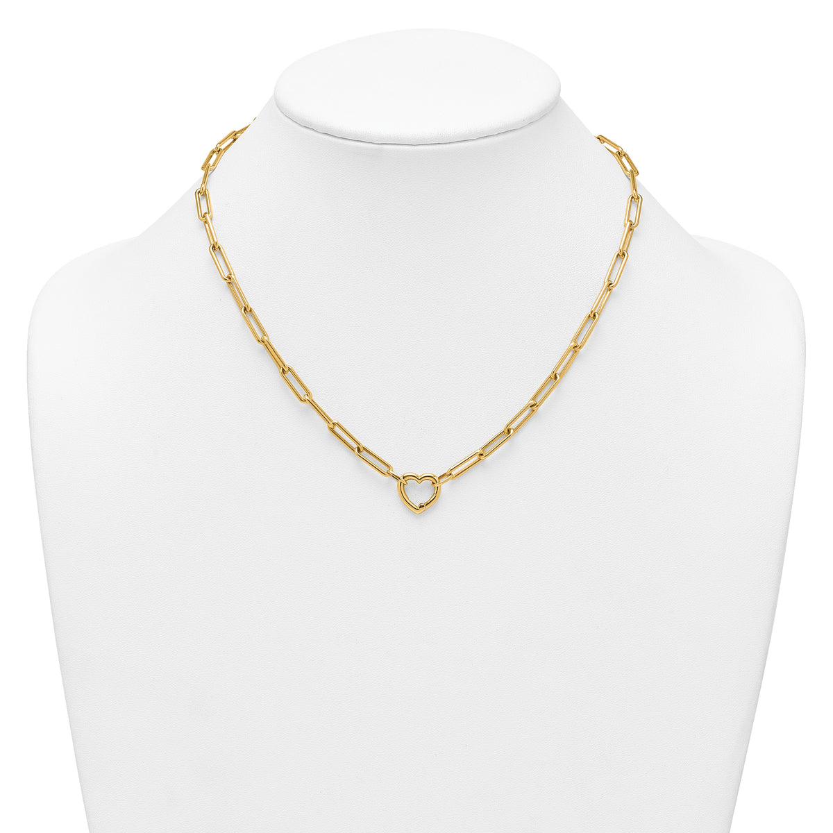 14k Yellow Gold Polished Heart 17.5 inch Paperclip Chain Necklace, shown on a neck form