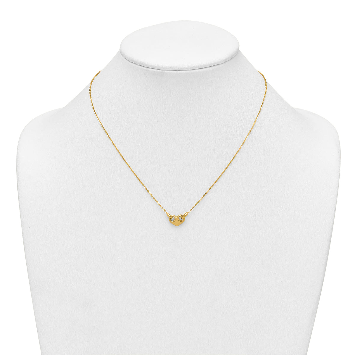 14k Yellow Gold Polished Heart 18 inch Necklace, shown on a neck form