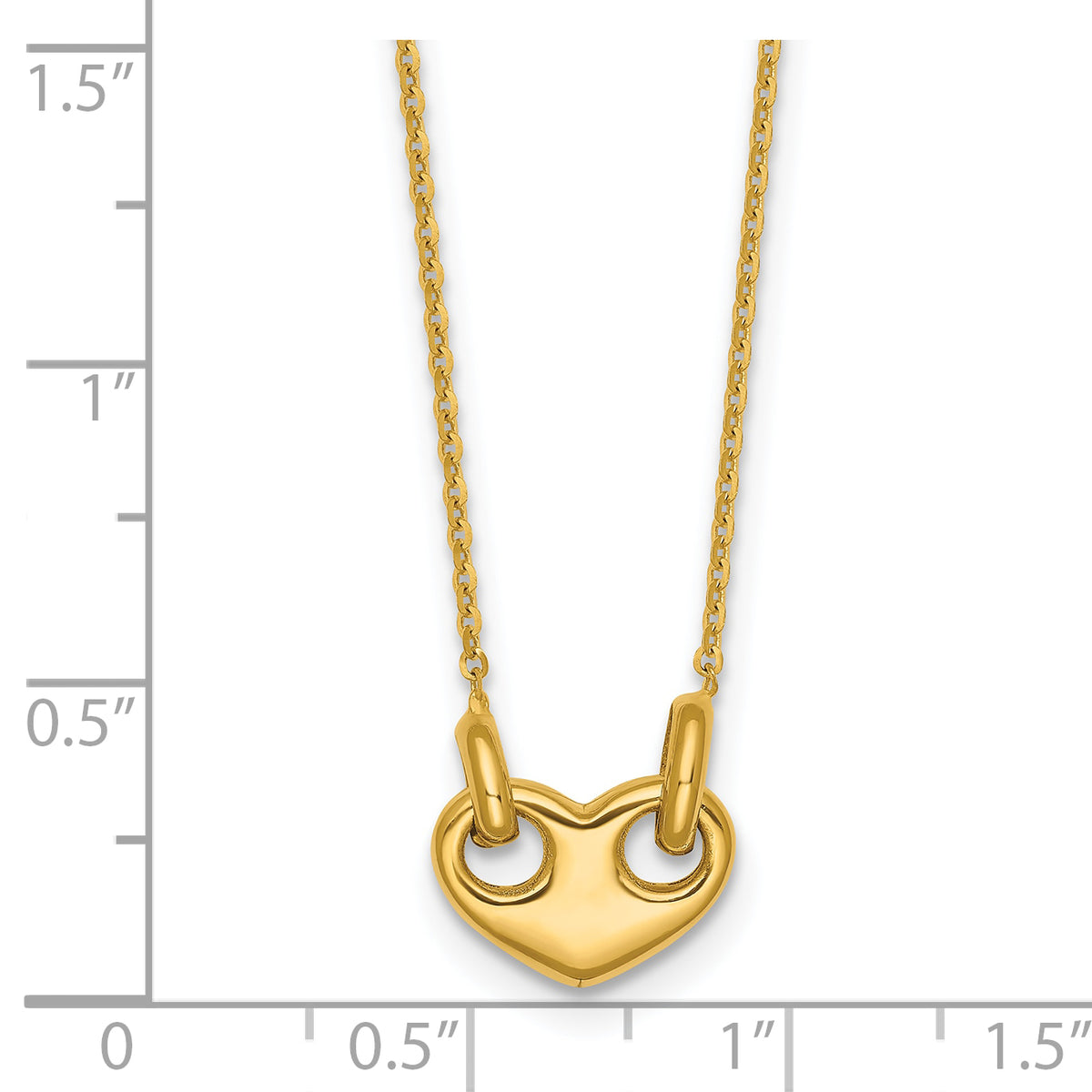 14k Yellow Gold Polished Heart 18 inch Necklace, shown with a ruler for scale