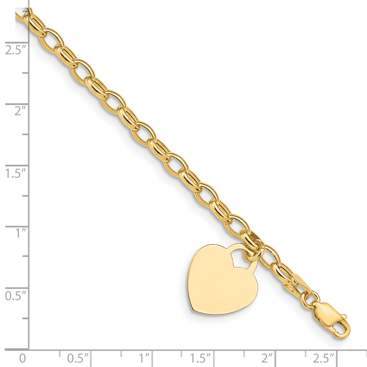 14k Yellow Gold Engravable 19x15mm Solid Heart Charm Bracelet, Hollow Chain, 7.5 inch, shown with a ruler for scale