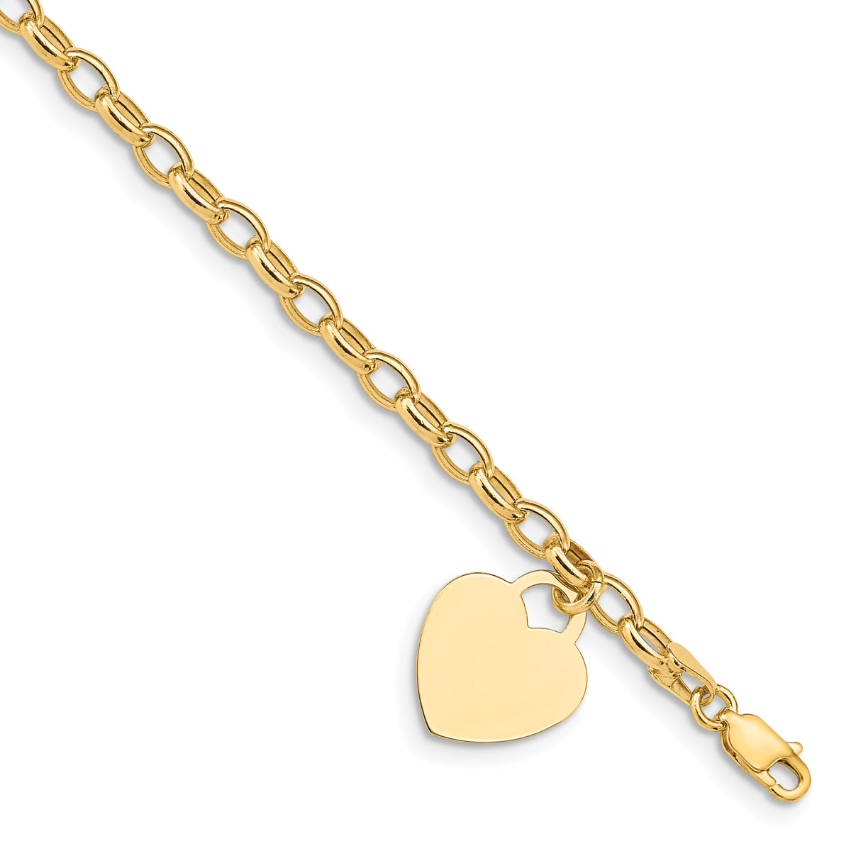 14k Yellow Gold Engravable 19x15mm Solid Heart Charm Bracelet, Hollow Chain, 7.5 inch