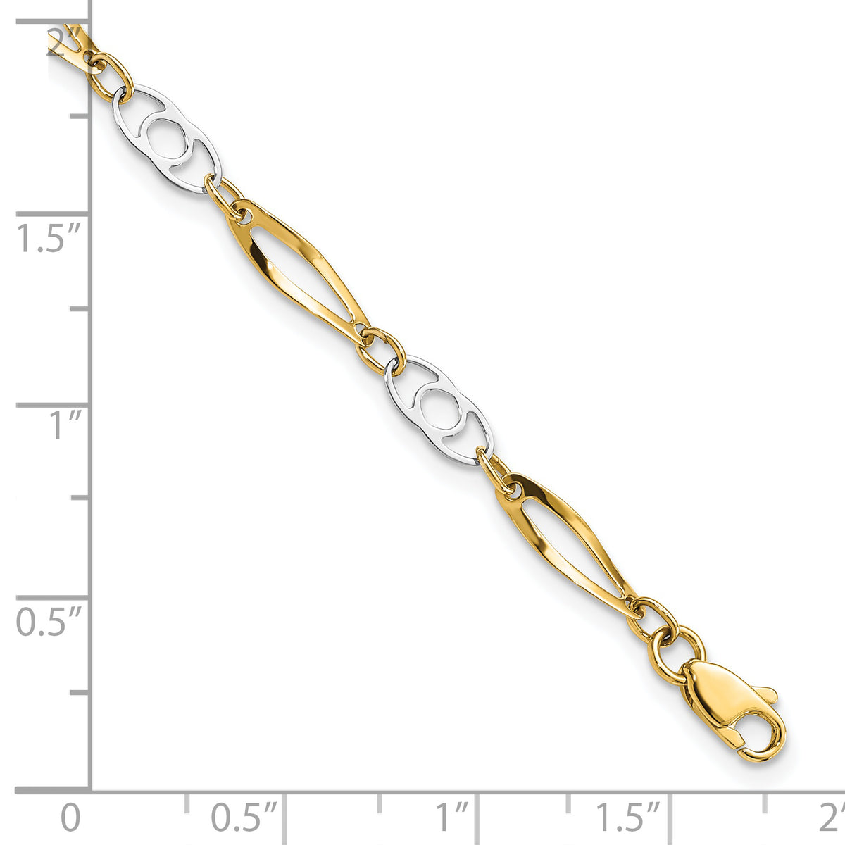 14k Two-Tone Gold Polished Fancy Link 7 inch Bracelet, shown with a ruler for scale