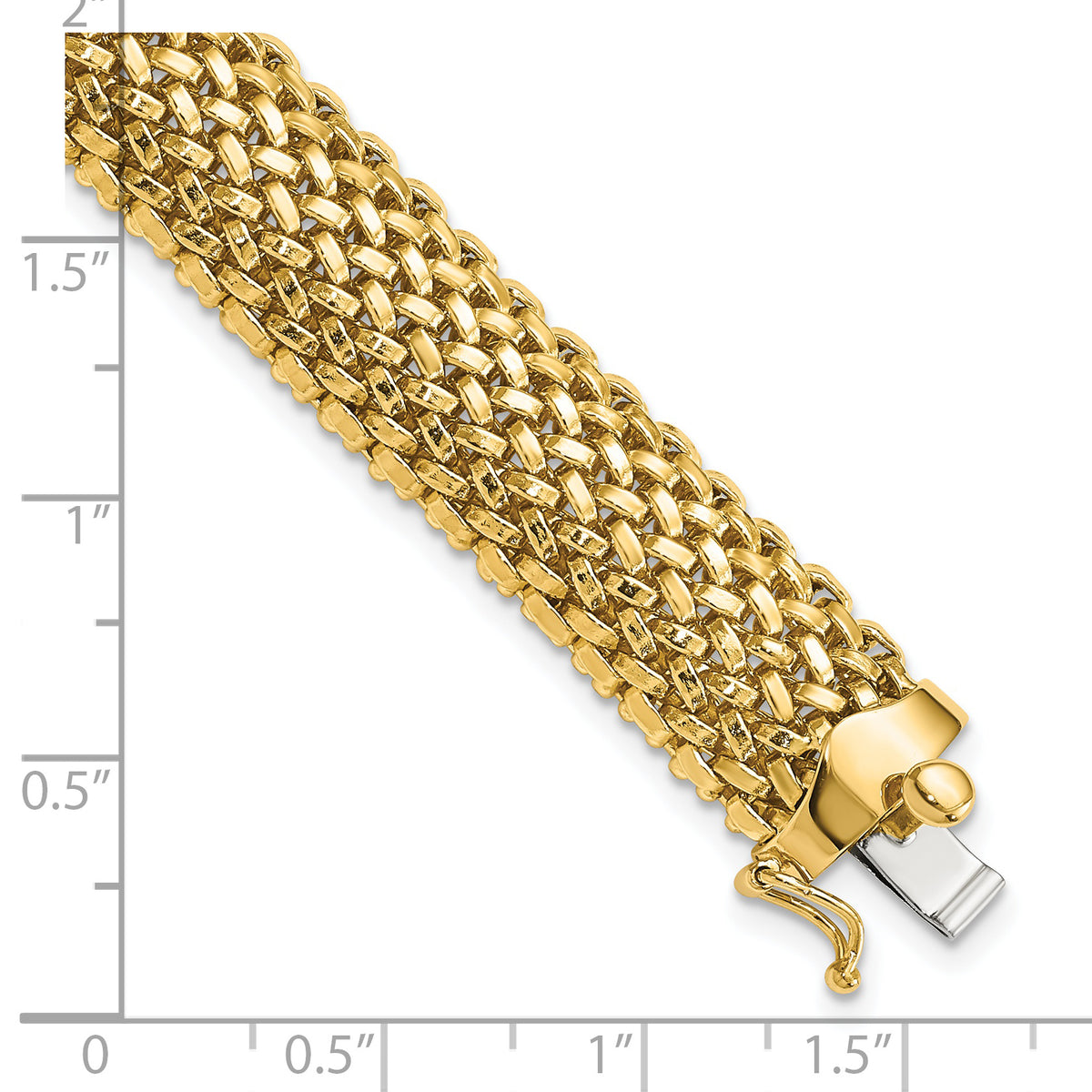 14k Yellow Gold Polished 12.5mm Mesh 7.25 inch Bracelet, shown with a ruler for scale