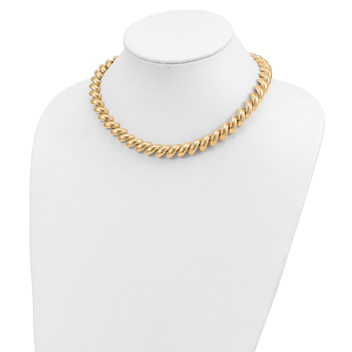 14k Yellow Gold Polished 12mm 17 inch San Marco Necklace, shown on a neck form