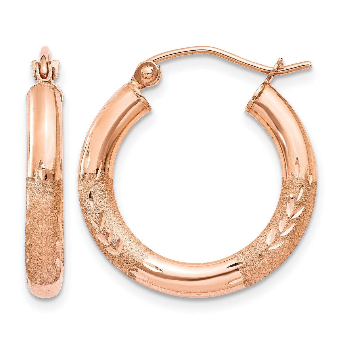 Gold Satin and Diamond-cut Hoop Earrings - 14k Rose Gold / 3 mm / 14 mm