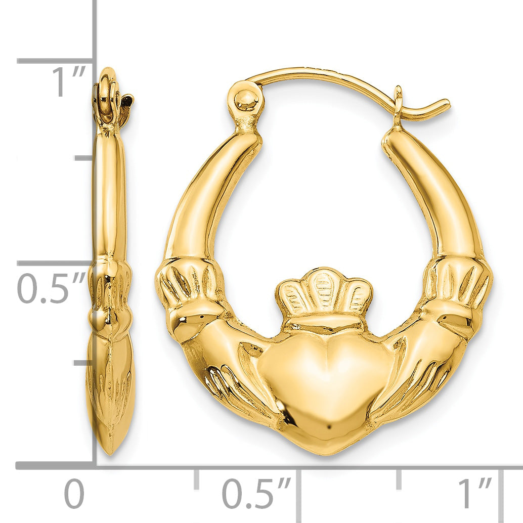 Gold Claddagh Hoop Earrings - 14k Yellow Gold / 3.5 mm / 19 x 23 mm