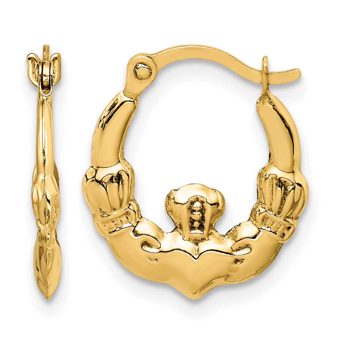 14k Gold Claddagh Hoop Earrings - 14k Yellow Gold / 1.75 mm / 13.5 x 16 mm